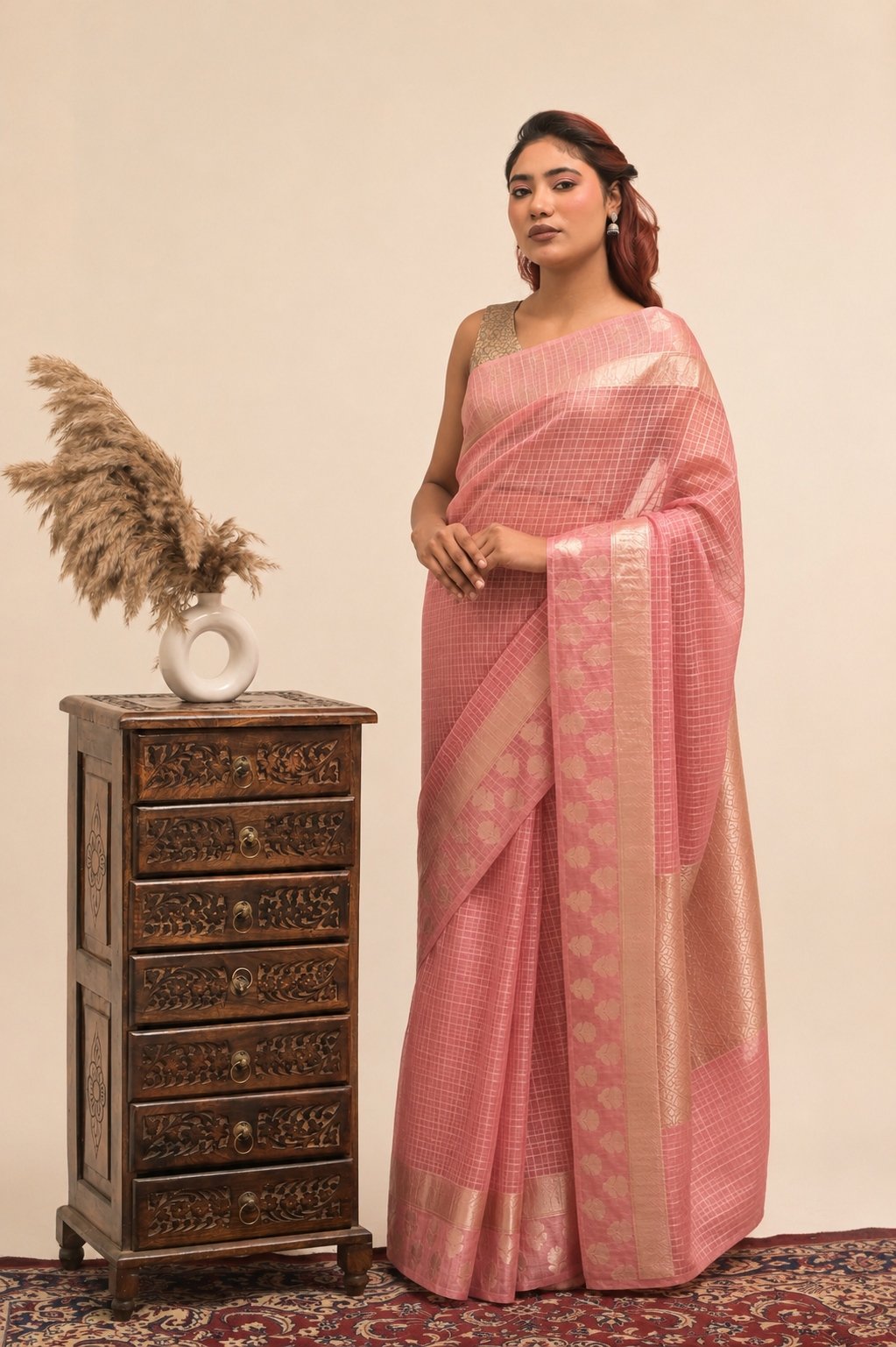 Elegant Check Pattern Mauve Pink Banarasi Kora Saree with Blouse