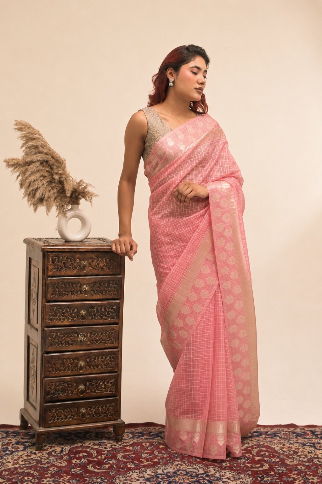 Elegant Check Pattern Mauve Pink Banarasi Kora Saree with Blouse