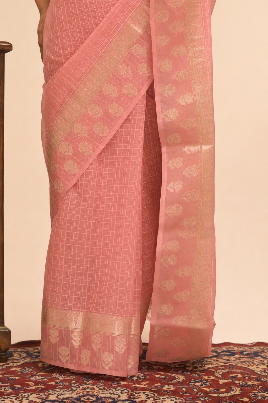 Elegant Check Pattern Mauve Pink Banarasi Kora Saree with Blouse