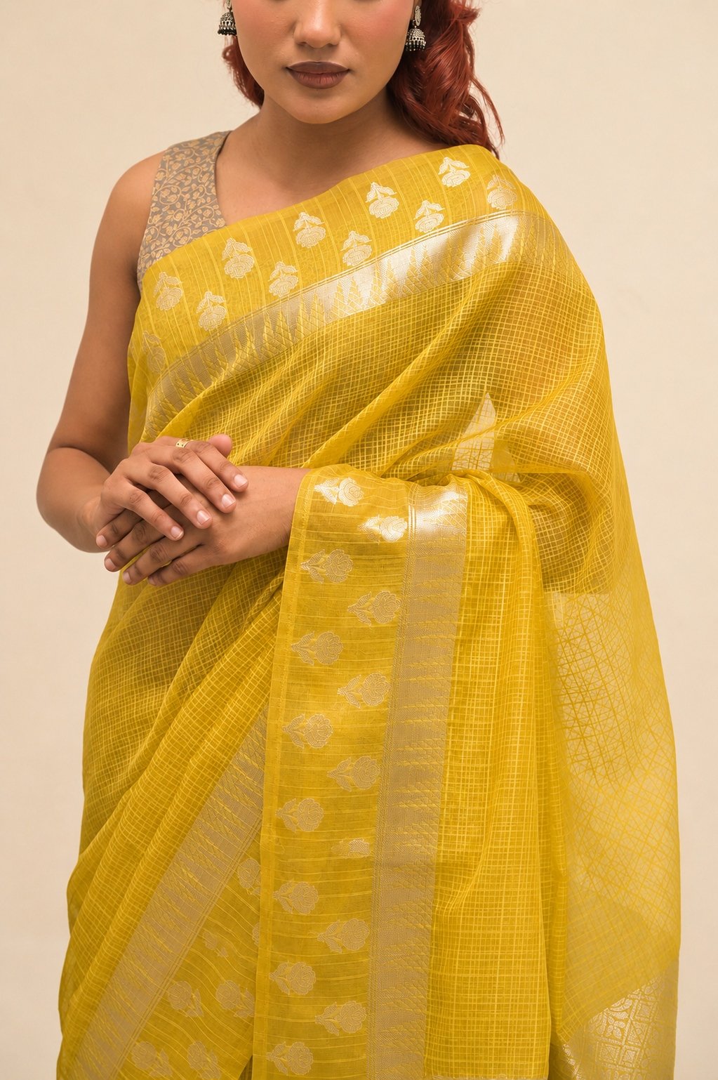 Elegant Check Pattern Mustard Yellow  Banarasi Kora Saree with Blouse