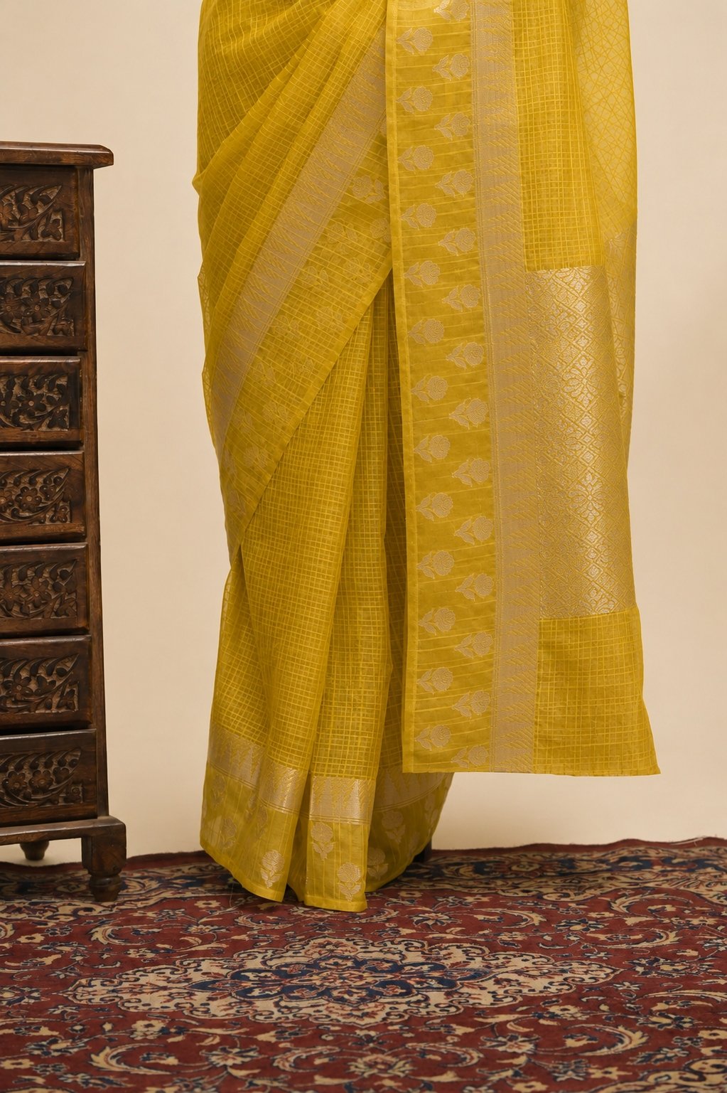 Elegant Check Pattern Mustard Yellow  Banarasi Kora Saree with Blouse