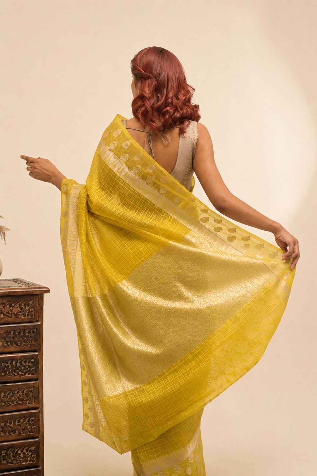Elegant Check Pattern Mustard Yellow  Banarasi Kora Saree with Blouse