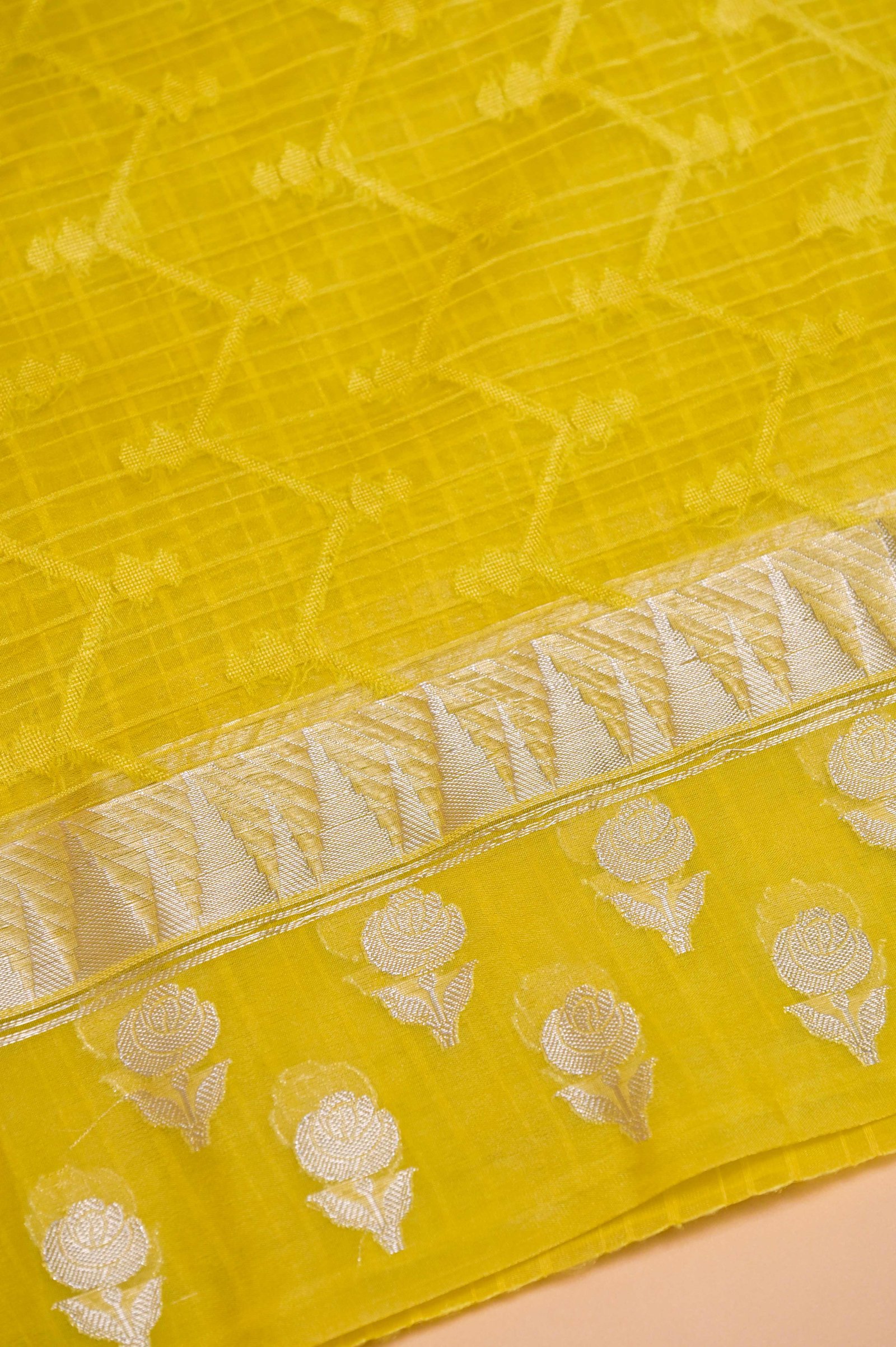 Elegant Check Pattern Mustard Yellow  Banarasi Kora Saree with Blouse