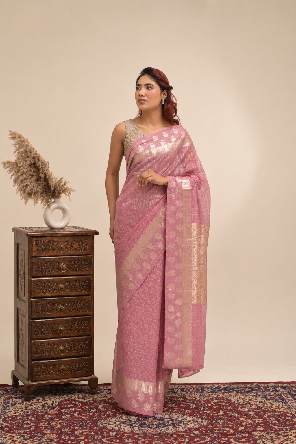 Elegant Check Pattern Rose Pink  Banarasi Kora Saree with Blouse