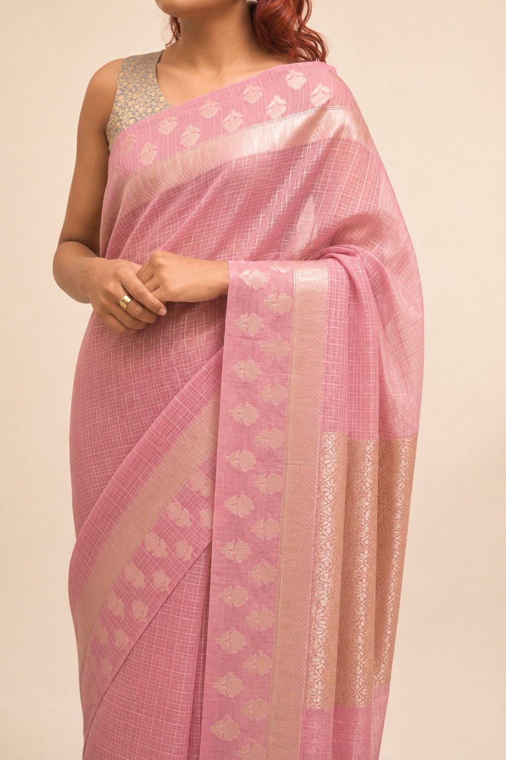 Elegant Check Pattern Rose Pink  Banarasi Kora Saree with Blouse