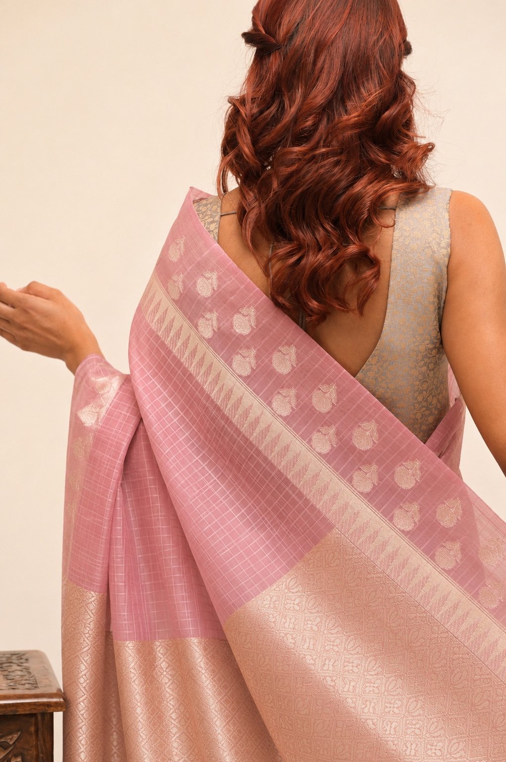 Elegant Check Pattern Rose Pink  Banarasi Kora Saree with Blouse