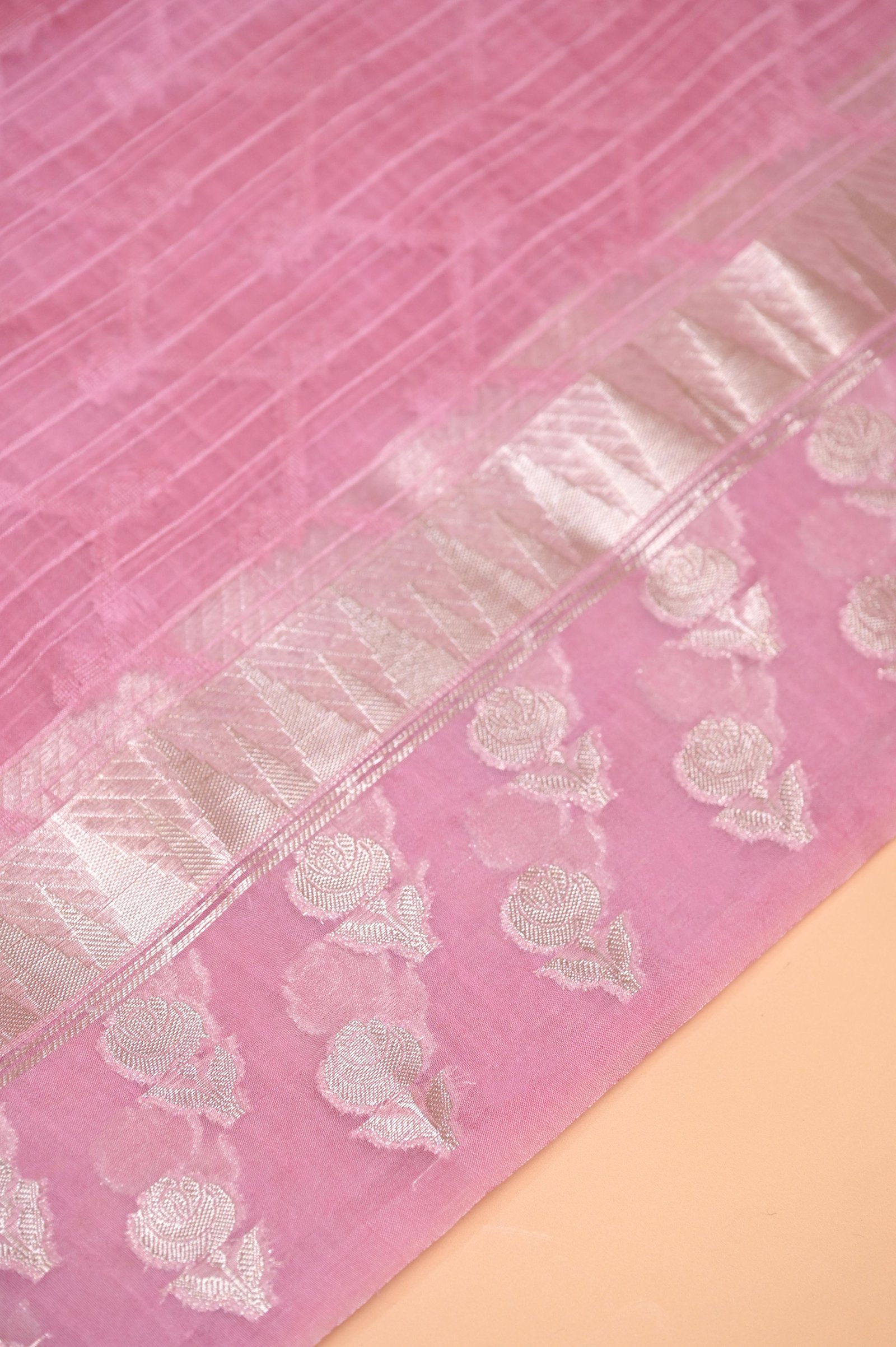 Elegant Check Pattern Rose Pink  Banarasi Kora Saree with Blouse