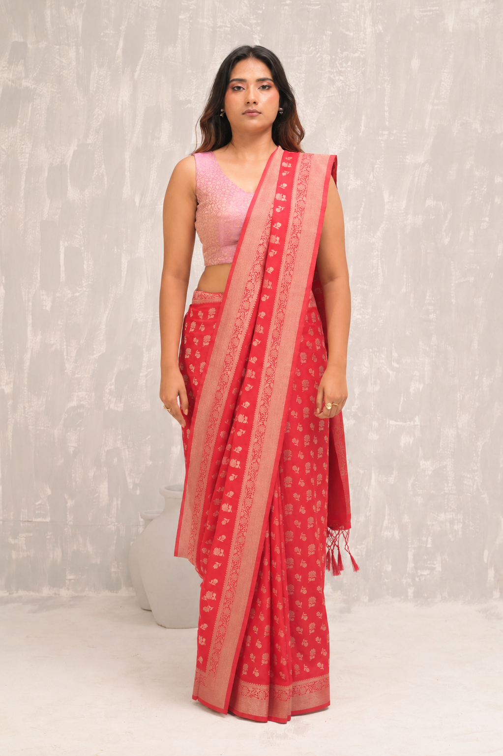 Emerald Green Chanderi Silk Jamdani Saree with Golden Chevron Weave All-Over  & Handwoven Heritage Luxury Saree