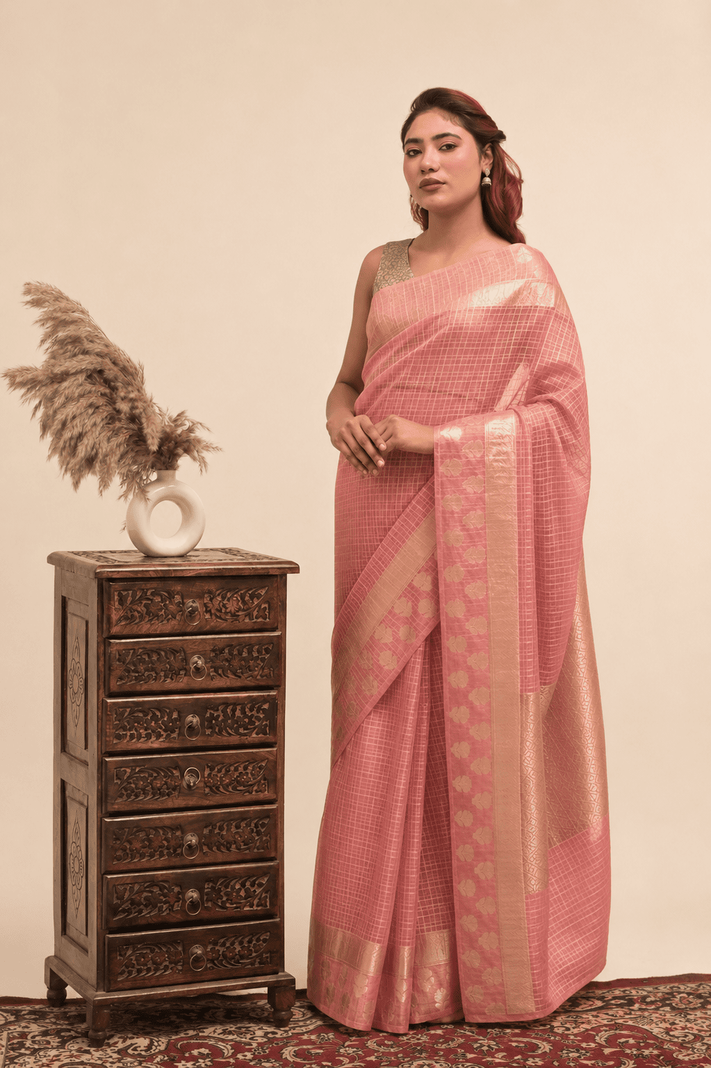 Banarasi Handloom Kora Silk Mauve Pink Sari with Rose Buti Border & Blouse