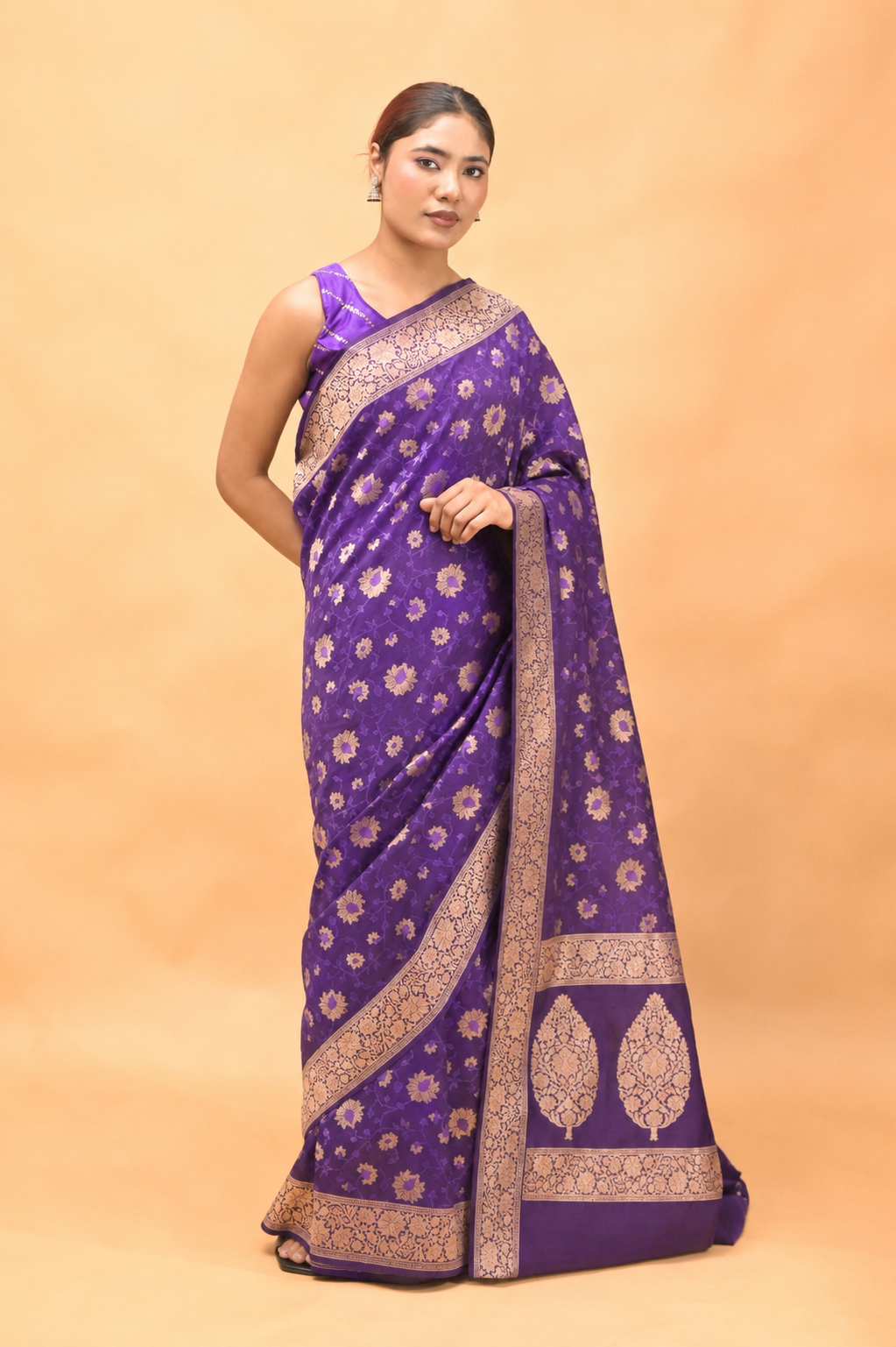 Chanderi Silk Jamdani Saree with All-over Golden Floral Buta & Heritage Border & Handcrafted Luxury Drape