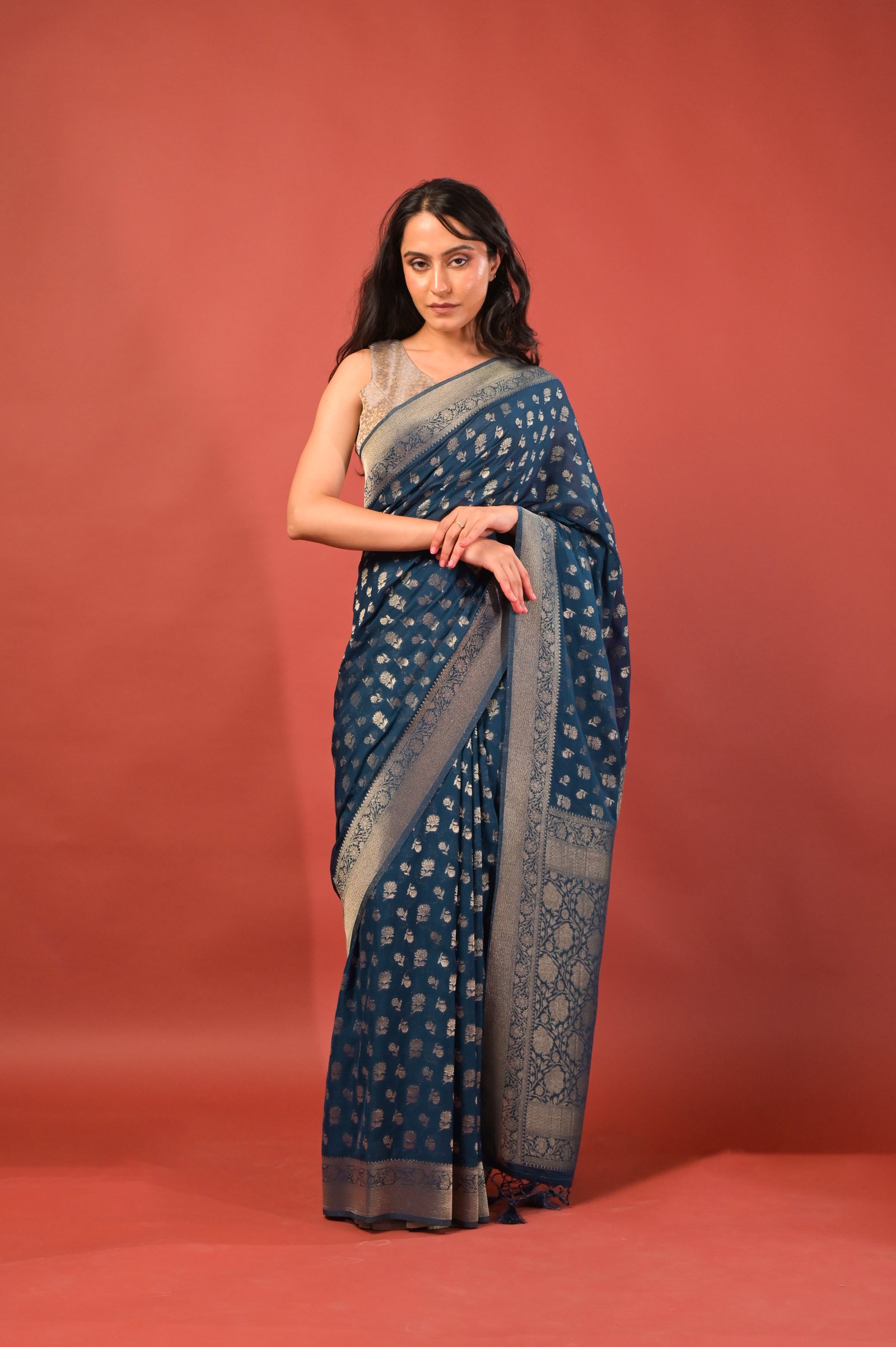 Navy Blue Khaddi Georgette Banarasi Saree with Antique Zari Buti & Floral Jaal Pallu